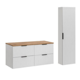 Impact Furniture Bathroom Furniture Set White Double Vanity Unit Oak Worktop Drawers Ribbed Fluted Wall Tall Storage Cabinet Adel - thumbnail 2