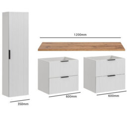 Impact Furniture Bathroom Furniture Set White Double Vanity Unit Oak Worktop Drawers Ribbed Fluted Wall Tall Storage Cabinet Adel - thumbnail 5