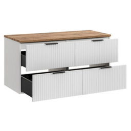Impact Furniture Bathroom Furniture Set White Double Vanity Unit Oak Worktop Drawers Ribbed Fluted Wall Tall Storage Cabinet Adel - thumbnail 6