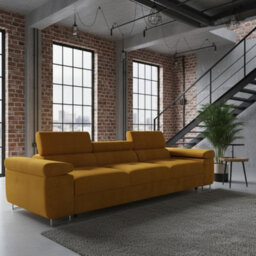 Torezio 3 Seater Sofa Bed With Adjustable Headrests And Dolphin Mechanism Mustard