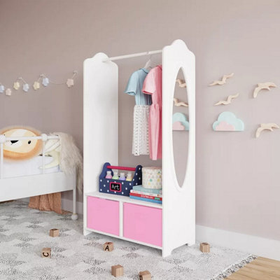 Urbn-Living Urbnliving 120Cm Height Kids White Wooden Hanging Clothes Rail Light Pink Wardrobe Storage Shelves With Mirror - image 1