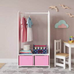 Urbn-Living Urbnliving 120Cm Height Kids White Wooden Hanging Clothes Rail Light Pink Wardrobe Storage Shelves With Mirror - thumbnail 2