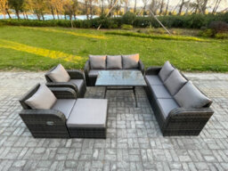 Fimous 9 Seater Rattan Outdoor Garden Furniture Sofa Set Patio Table & Chairs Set With 3 Seater Sofa Rectangular Dining Table - thumbnail 2