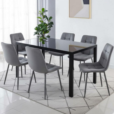 Kosy Koala Black Glass Rectangle Dining Table Set With 6 Grey Velvet Chairs Modern Dining Room Furniture - image 1