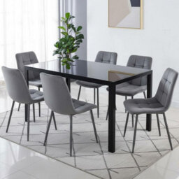 Kosy Koala Black Glass Rectangle Dining Table Set With 6 Grey Velvet Chairs Modern Dining Room Furniture - thumbnail 1