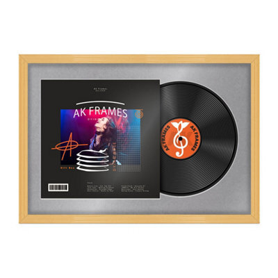 "AK Frames 25X17"" Country Pine Classic Vinyl Record Frame With Mid Grey Mount For 12 Inch Lp Cover & Disc - Overlapped Design" - image 1