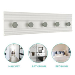 Livivo Wall Mounted Floating Coat Rack - Modern, Sleek, Space-Saving Clothes Hanger With 5 Hooks - White & Grey - thumbnail 2