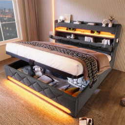 Abrihome Upholstered Bed 180X200 Cm With Led, Usb-C Charging & Hydraulic Storage, Headboard For Cellphones And Tablets, Linen, Grey