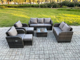Fimous 9 Seater Garden Furniture Set Rattan Outdoor Lounge Sofa Chair With Tempered Glass Table 2 Small Footstools - thumbnail 1