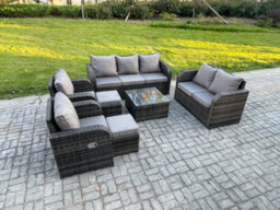 Fimous 9 Seater Garden Furniture Set Rattan Outdoor Lounge Sofa Chair With Tempered Glass Table 2 Small Footstools - thumbnail 2