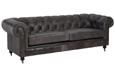 Premier Housewares Interiors By Premier Dark Grey Leather Chesterfield Sofa, 3-Seater Sofa With Carved Walnut Feet,lounge Sofa,button-Tufted Couch - image 1