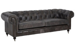Premier Housewares Interiors By Premier Dark Grey Leather Chesterfield Sofa, 3-Seater Sofa With Carved Walnut Feet,lounge Sofa,button-Tufted Couch - thumbnail 1
