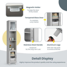 Costway Bathroom Tall Cabinet Slim Freestanding Storage Organizer Cupboard 2 Glass Doors - thumbnail 6