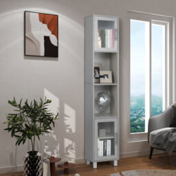 Costway Bathroom Tall Cabinet Slim Freestanding Storage Organizer Cupboard 2 Glass Doors - thumbnail 4