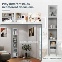 Costway Bathroom Tall Cabinet Slim Freestanding Storage Organizer Cupboard 2 Glass Doors - thumbnail 8