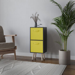 Urbn-Living Urbnliving 54Cm Height Black Wooden 2 Tier Storage Bookcase Pine Legs Bedroom Yellow Inserts