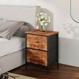 Living And Home Retro Nightstand Bedside Table With 2 Fabric Storage Drawers