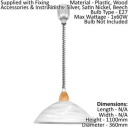 Elegant Silver Pendant Ceiling Light With Beech Wood Shade And White Alabaster Glass - thumbnail 2