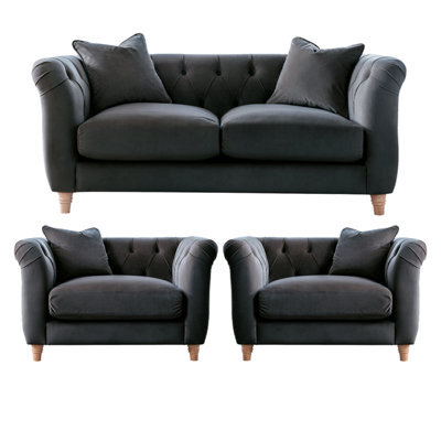 Furnishings For Less UK Elsie Velvet Chesterfield Plush Velvet Midnight 2 Seater + 2X Armchair Set - image 1