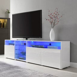 Furniture in Fashion Prieto Tv Stand With Storage For Living Room And Bedroom, 2000 Wide, Led Lighting, Media Storage, White High Gloss Finish