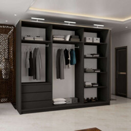 M N Furniture Ltd Wardrobe With Led Light Modern 2 Or 3 Full Length Sliding Door - Bedroom Cabinet With Drawers 150Cm,200Cm,250Cm (Black,250Cm) - thumbnail 4