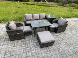 Fimous 8 Seater Rattan Wicker Garden Furniture Patio Conservatory Sofa Set With Oblong Dining Table Reclining Chair - thumbnail 1