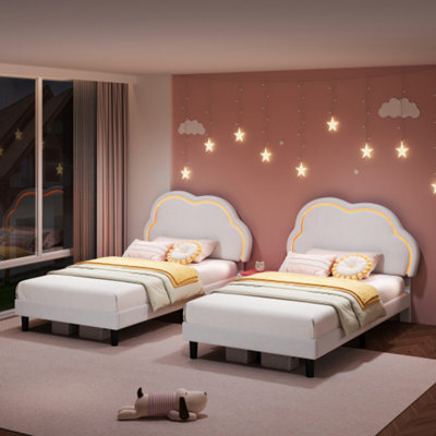 Btm 3Ft Single Bed Frame Velvet Upholstered With Led Cloud Headboard Solid Wood Slatted Base Cream White - image 1