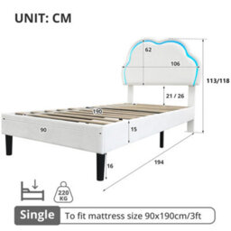 Btm 3Ft Single Bed Frame Velvet Upholstered With Led Cloud Headboard Solid Wood Slatted Base Cream White - thumbnail 9