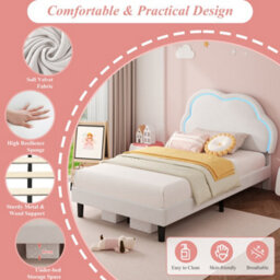 Btm 3Ft Single Bed Frame Velvet Upholstered With Led Cloud Headboard Solid Wood Slatted Base Cream White - thumbnail 6