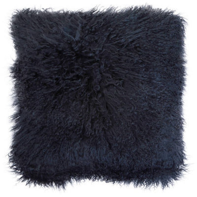 Orsina Black Mongolian Lamb Fur Square Cushion, Luxe Fluffy Textured Throw Pillow With Polyester Reverse - image 1