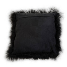 Orsina Black Mongolian Lamb Fur Square Cushion, Luxe Fluffy Textured Throw Pillow With Polyester Reverse - thumbnail 2
