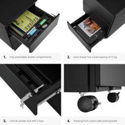 Tectake Chest Of Drawers Magna - 3 Locking Drawers, Powder-Coated Steel, 39 X 45 X 55 Cm - 1 - Black - thumbnail 5