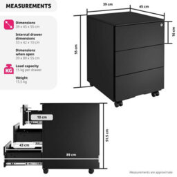 Tectake Chest Of Drawers Magna - 3 Locking Drawers, Powder-Coated Steel, 39 X 45 X 55 Cm - 1 - Black - thumbnail 6