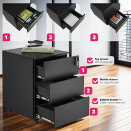 Tectake Chest Of Drawers Magna - 3 Locking Drawers, Powder-Coated Steel, 39 X 45 X 55 Cm - 1 - Black - thumbnail 3