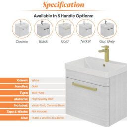 Plum&clay Emery Textured White Wall Hung Bathroom Vanity Unit & Basin Set With Gold Handles (W)50Cm (H)46Cm - thumbnail 5