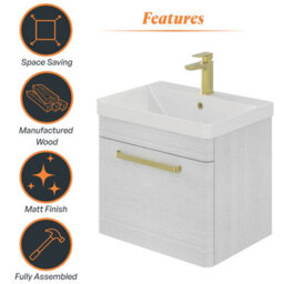 Plum&clay Emery Textured White Wall Hung Bathroom Vanity Unit & Basin Set With Gold Handles (W)50Cm (H)46Cm - thumbnail 6