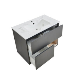 Homestylestore 812mm Black Grey Wall Hung Bathroom Vanity Unit Open Shelf Marble Effect Basin - thumbnail 2