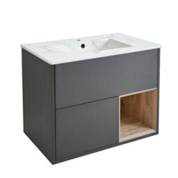 Homestylestore 812mm Black Grey Wall Hung Bathroom Vanity Unit Open Shelf Marble Effect Basin