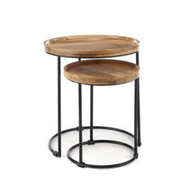 Elm Home And Garden Round Nest Of Two 2 Tables End Lamp Light Solid Mango Wood Black Metal Frame 47.5Cm H X 43Cm W X 43Cm D