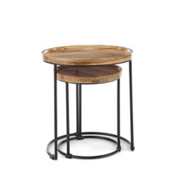 Elm Home And Garden Round Nest Of Two 2 Tables End Lamp Light Solid Mango Wood Black Metal Frame 47.5Cm H X 43Cm W X 43Cm D - thumbnail 3