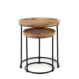 Elm Home And Garden Round Nest Of Two 2 Tables End Lamp Light Solid Mango Wood Black Metal Frame 47.5Cm H X 43Cm W X 43Cm D - thumbnail 4