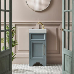 Homestylestore Light Grey 400mm Bathroom Vanity Unit With Basin And Brushed Brass T Bar Handles - thumbnail 3