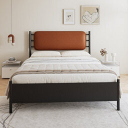 Btm 4Ft6 Double Metal Bed With Pu Upholstered Headboard Black Iron Bed Frame For Adults And Teenagers 135 X 190 Cm - thumbnail 3