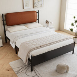 Btm 4Ft6 Double Metal Bed With Pu Upholstered Headboard Black Iron Bed Frame For Adults And Teenagers 135 X 190 Cm - thumbnail 2