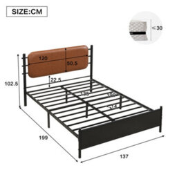 Btm 4Ft6 Double Metal Bed With Pu Upholstered Headboard Black Iron Bed Frame For Adults And Teenagers 135 X 190 Cm - thumbnail 6