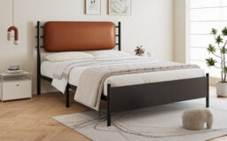 Btm 4Ft6 Double Metal Bed With Pu Upholstered Headboard Black Iron Bed Frame For Adults And Teenagers 135 X 190 Cm - thumbnail 8