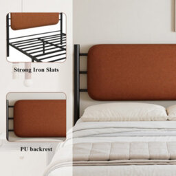 Btm 4Ft6 Double Metal Bed With Pu Upholstered Headboard Black Iron Bed Frame For Adults And Teenagers 135 X 190 Cm - thumbnail 5