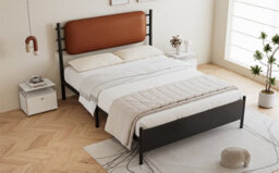 Btm 4Ft6 Double Metal Bed With Pu Upholstered Headboard Black Iron Bed Frame For Adults And Teenagers 135 X 190 Cm - thumbnail 9