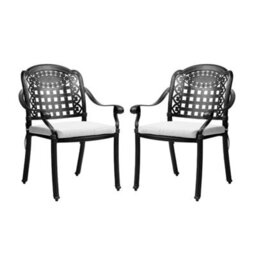 Living And Home Set Of 2 Black Cast Aluminum Outdoor Dining Chairs Patio Stackable Armchairs With Cushions - thumbnail 2