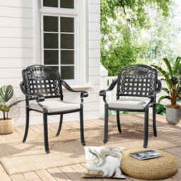 Living And Home Set Of 2 Black Cast Aluminum Outdoor Dining Chairs Patio Stackable Armchairs With Cushions - thumbnail 1